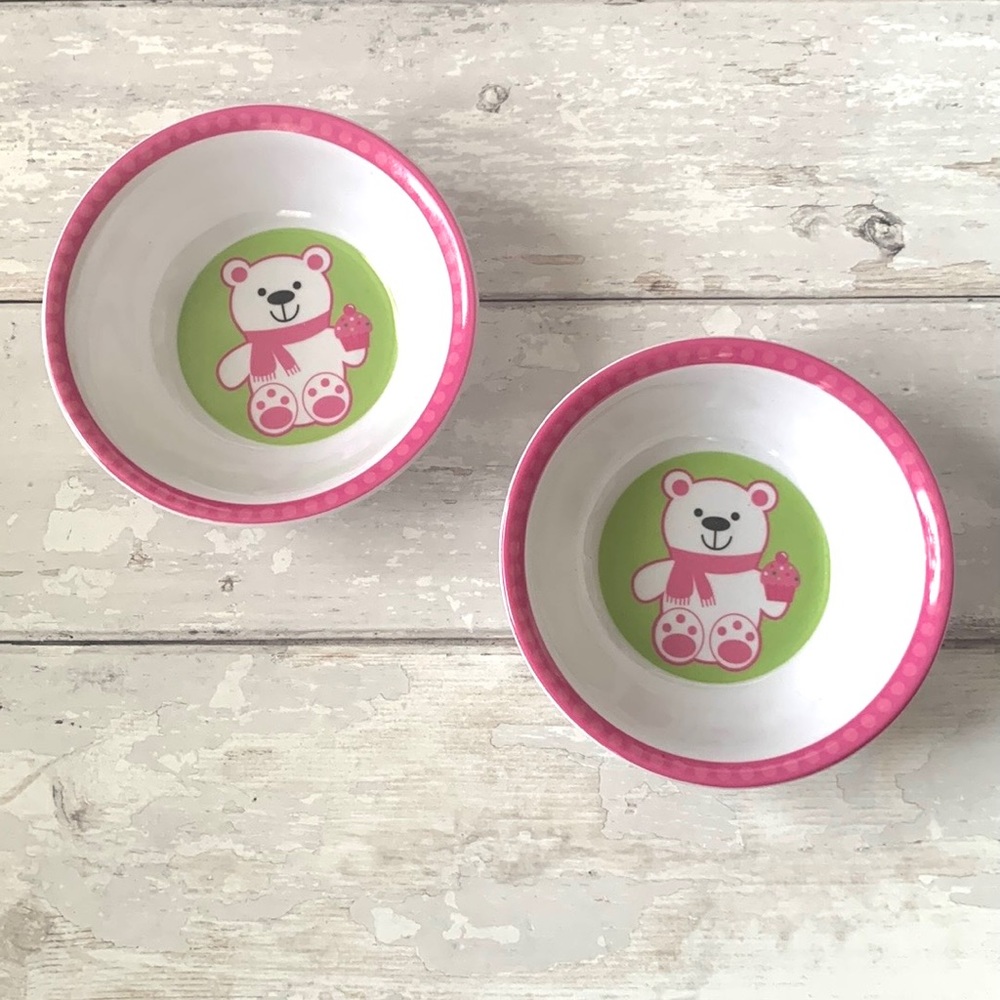 Snack Bowls Set of 2 Pink White White Polar Teddy Bear Cupcake Print NEW